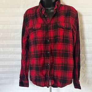 George Men's Red and Black Checkered Flannel Shirt Size Small